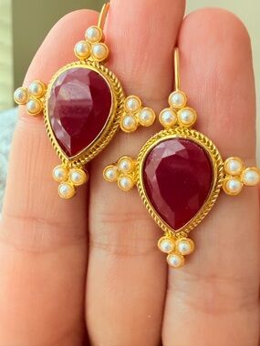 Gold Teardrop Pearl Accent Earrings in Deep Ruby Red